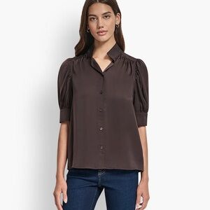 Donna Karan New York brow puff sleeve collarless blouse NWT